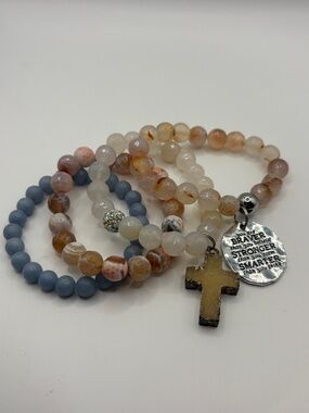 4 Beaded Gemstone Bracelet Set with Cross and Inspirational Charm Neutral & Blue